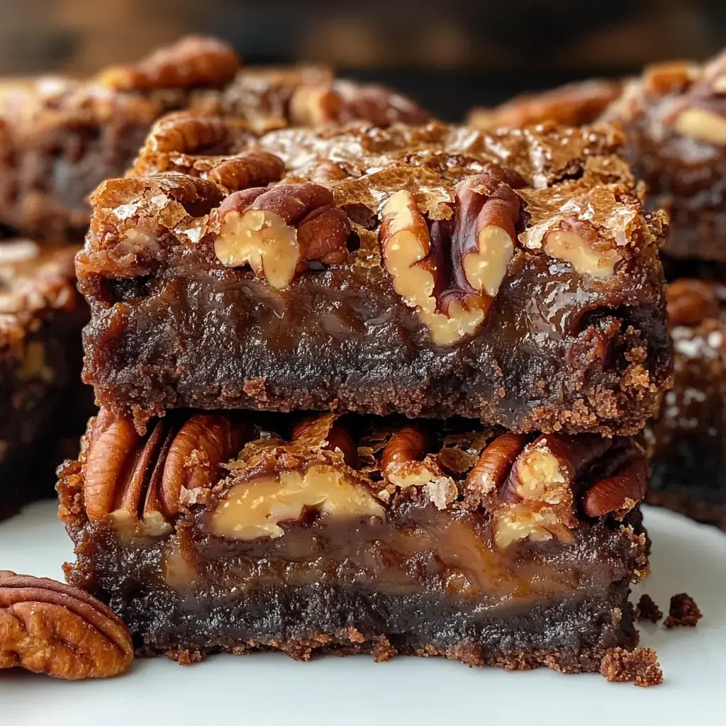 A close-up of two stacked decadent chocolate brownies topped with pecans and a glossy caramel layer.