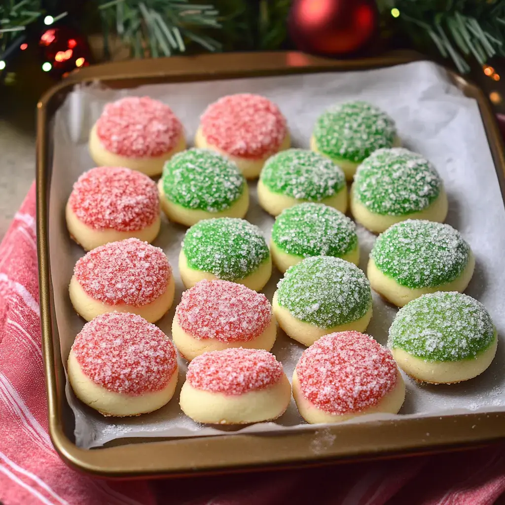 A tray of colorful holiday cookies, featuring red and green sugar-coated tops on a butter-like base, set against a festive background.