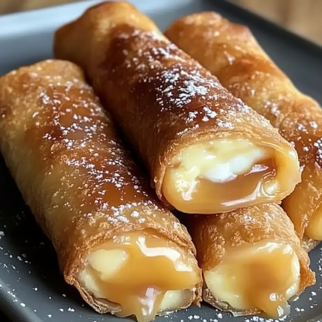 A close-up of crispy, golden-brown rolled pastries filled with creamy custard and drizzled with caramel sauce, dusted with powdered sugar.