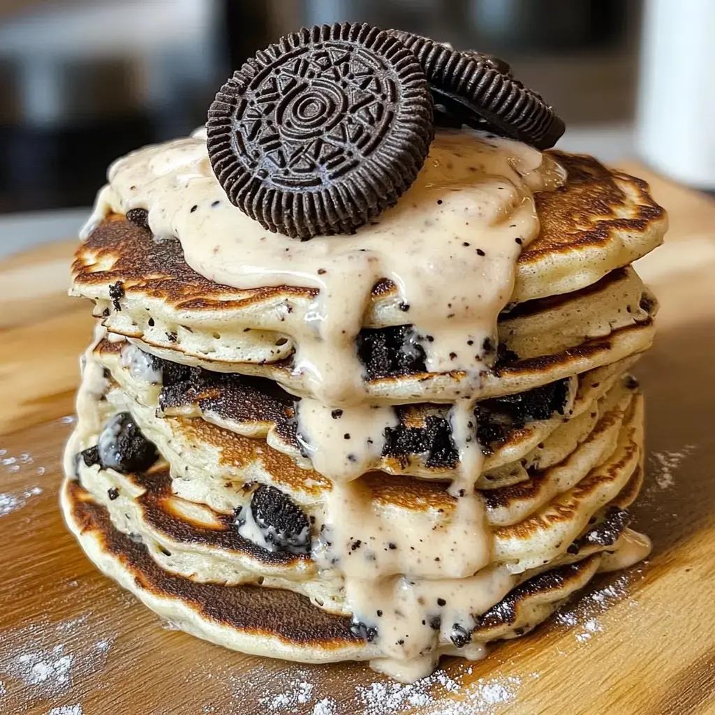 A stack of pancakes topped with cookie crumbles and drizzled with creamy sauce, accompanied by whole cookies.