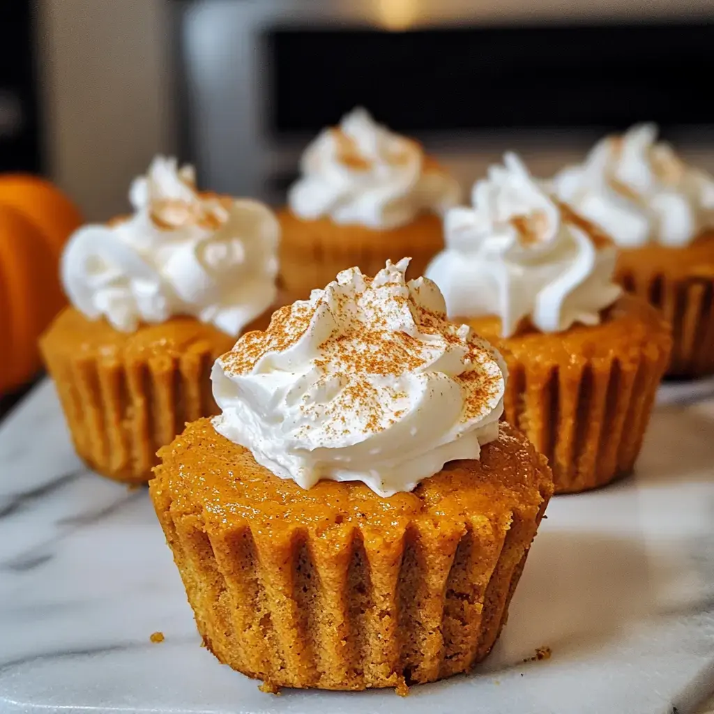 A platter of pumpkin cupcakes topped with whipped cream and sprinkled with cinnamon.