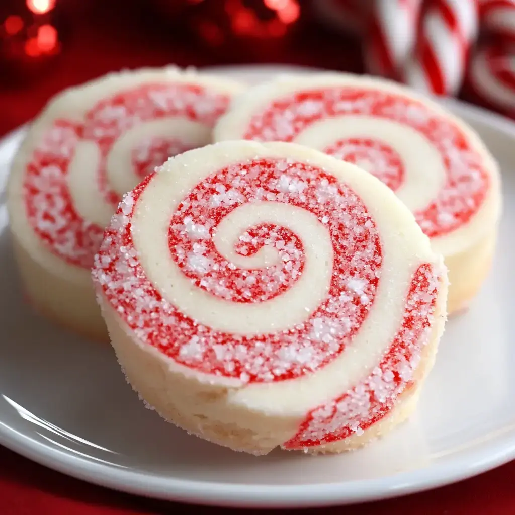 A plate of swirled red and white cookies coated with sugar, resembling peppermint candy, sits against a festive background.