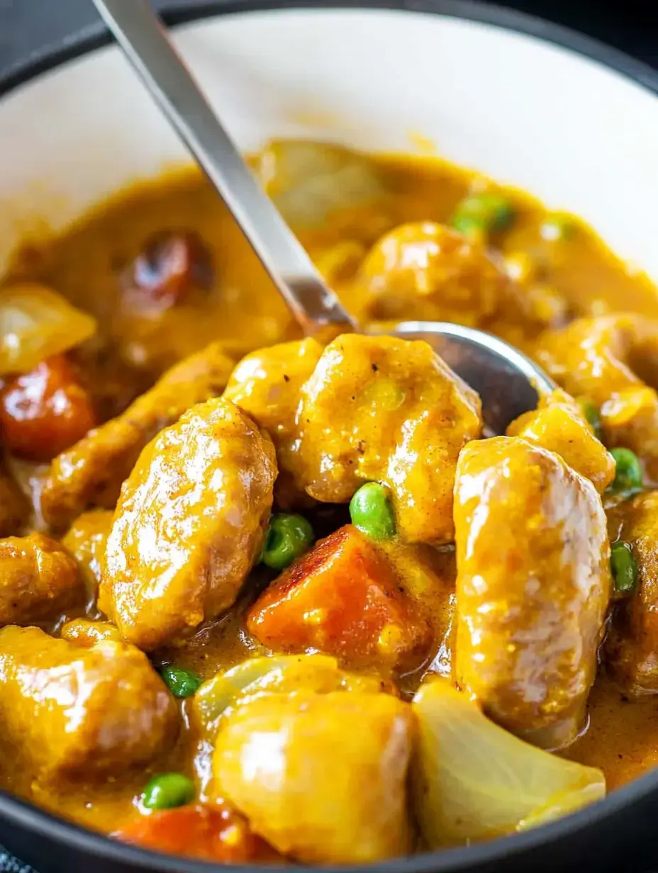 A close-up of a bowl of curry featuring tender pieces of meat, carrots, and green peas in a rich, golden sauce.