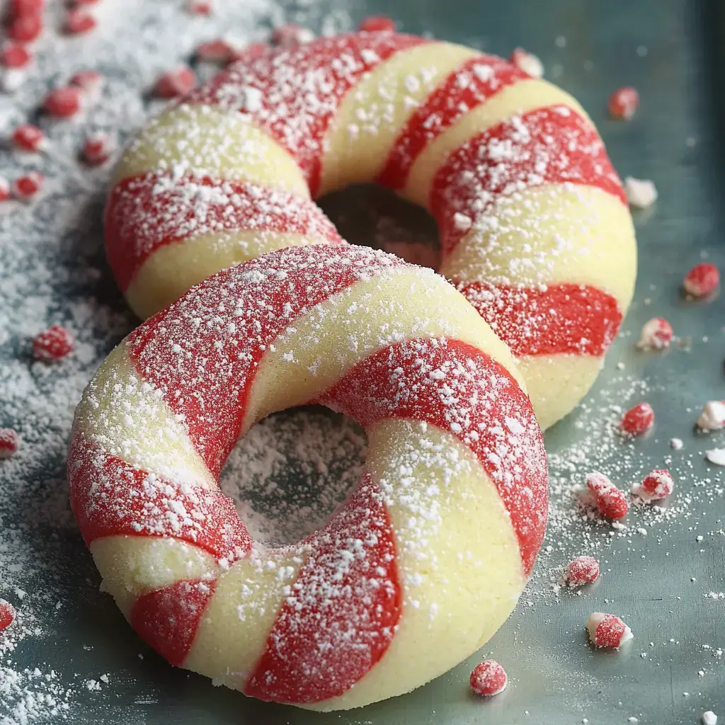 Two striped donuts, colored red and yellow, dusted with powdered sugar and scattered with small candy pieces, are displayed on a metallic surface.