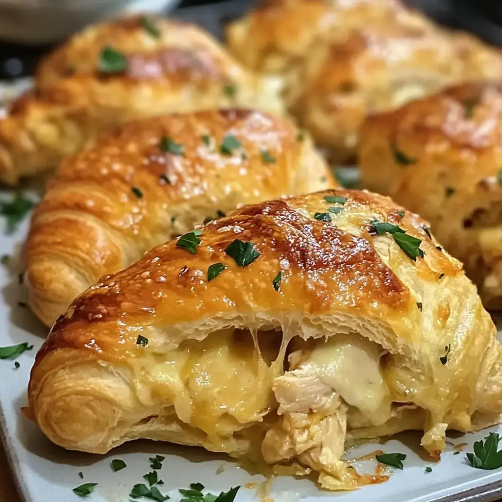 A close-up of golden-brown, flaky croissants filled with melted cheese and chicken, garnished with chopped parsley.