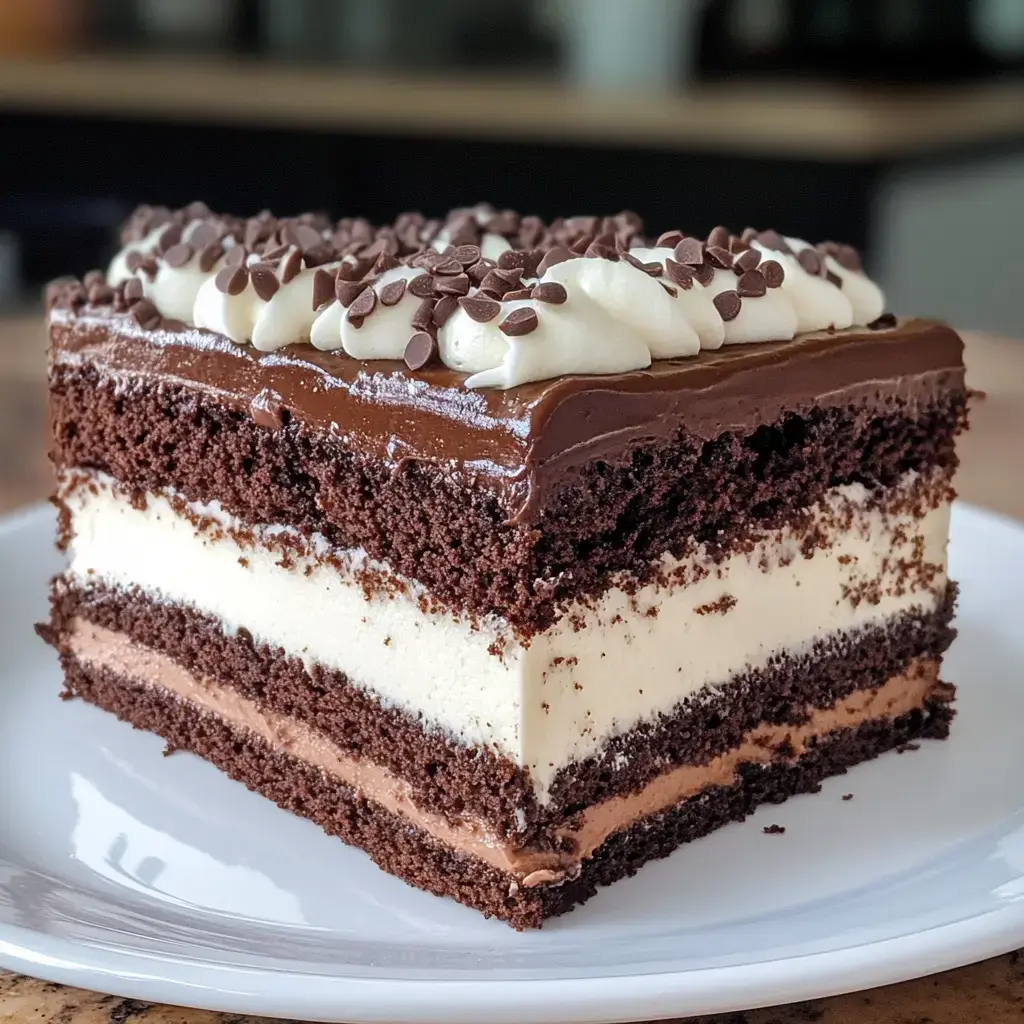 A slice of layered chocolate cake with creamy frosting and chocolate sprinkles on top.