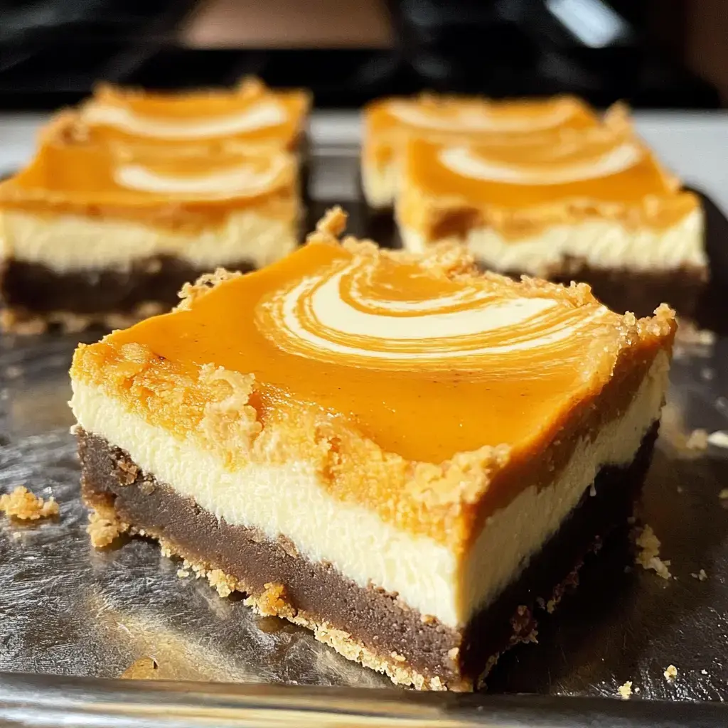 A close-up of a layered dessert bar featuring a chocolate bottom, creamy white middle, and a swirled pumpkin top.