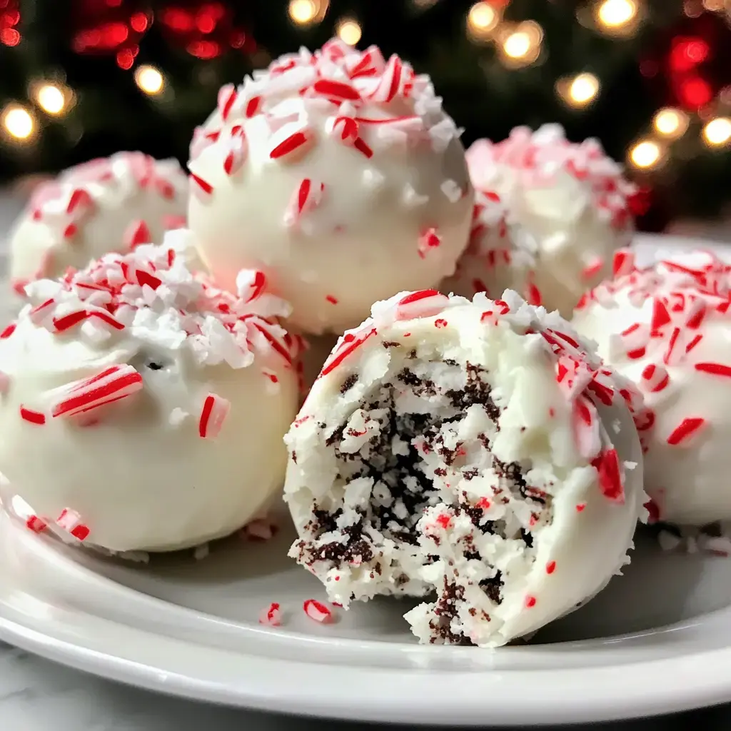 A plate of white chocolate truffles coated with crushed peppermint, one truffle is partially bitten to reveal a creamy filling.