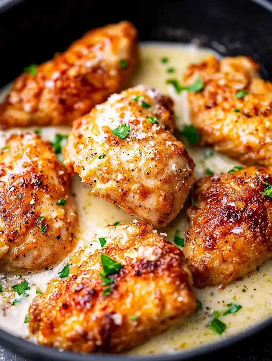 A close-up of golden-brown, crispy chicken pieces garnished with parsley in a creamy sauce.