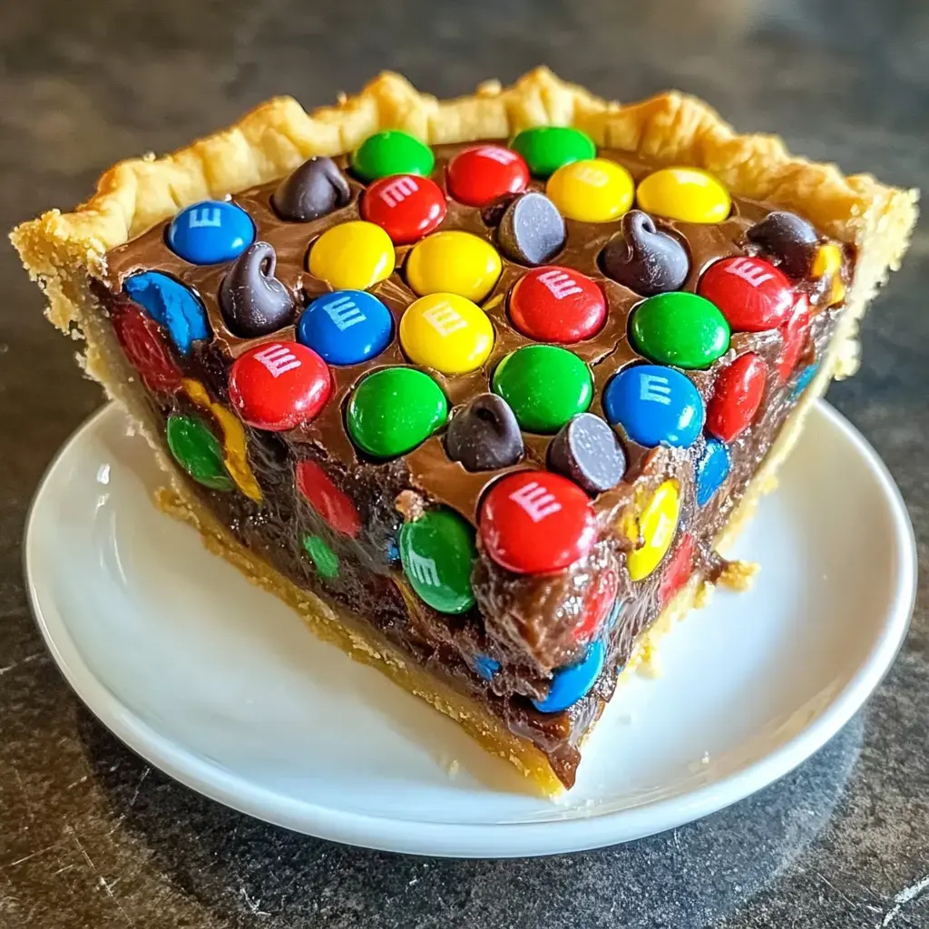 A slice of chocolate pie topped with colorful candy-coated chocolates and chocolate chips on a white plate.