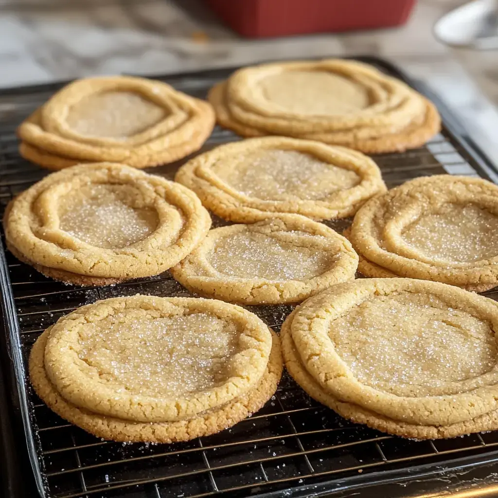 A cooling rack holds several large, golden-brown cookies with sugary centers.