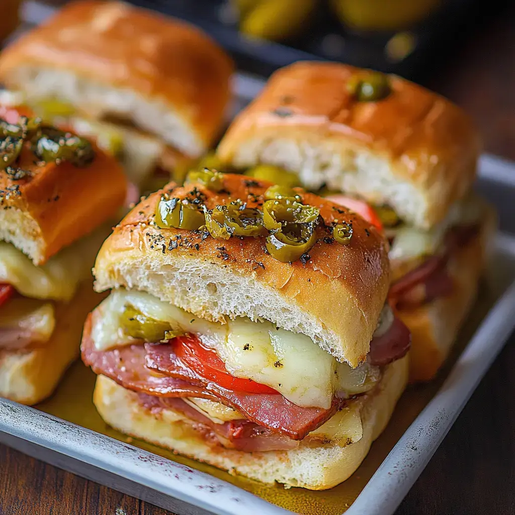 A close-up of three delicious sandwiches layered with cheese, sliced tomatoes, and jalapeños on a soft roll.