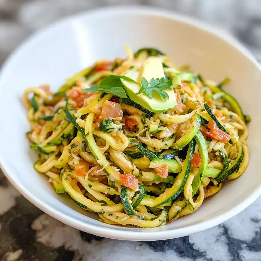 A bowl of zucchini noodles topped with diced tomatoes and garnished with avocado slices and parsley.