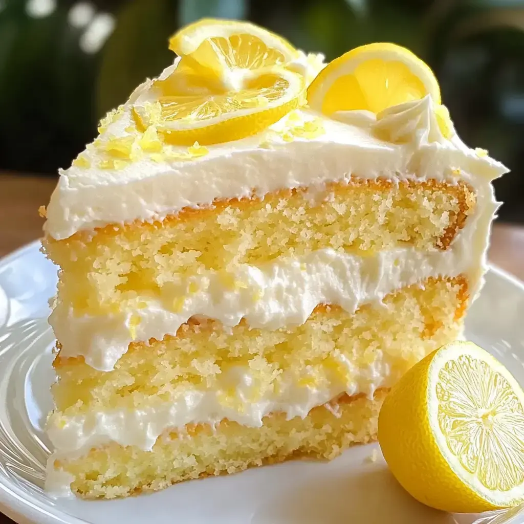 A slice of lemon cake layered with cream frosting and decorated with lemon slices sits on a plate next to a lemon wedge.