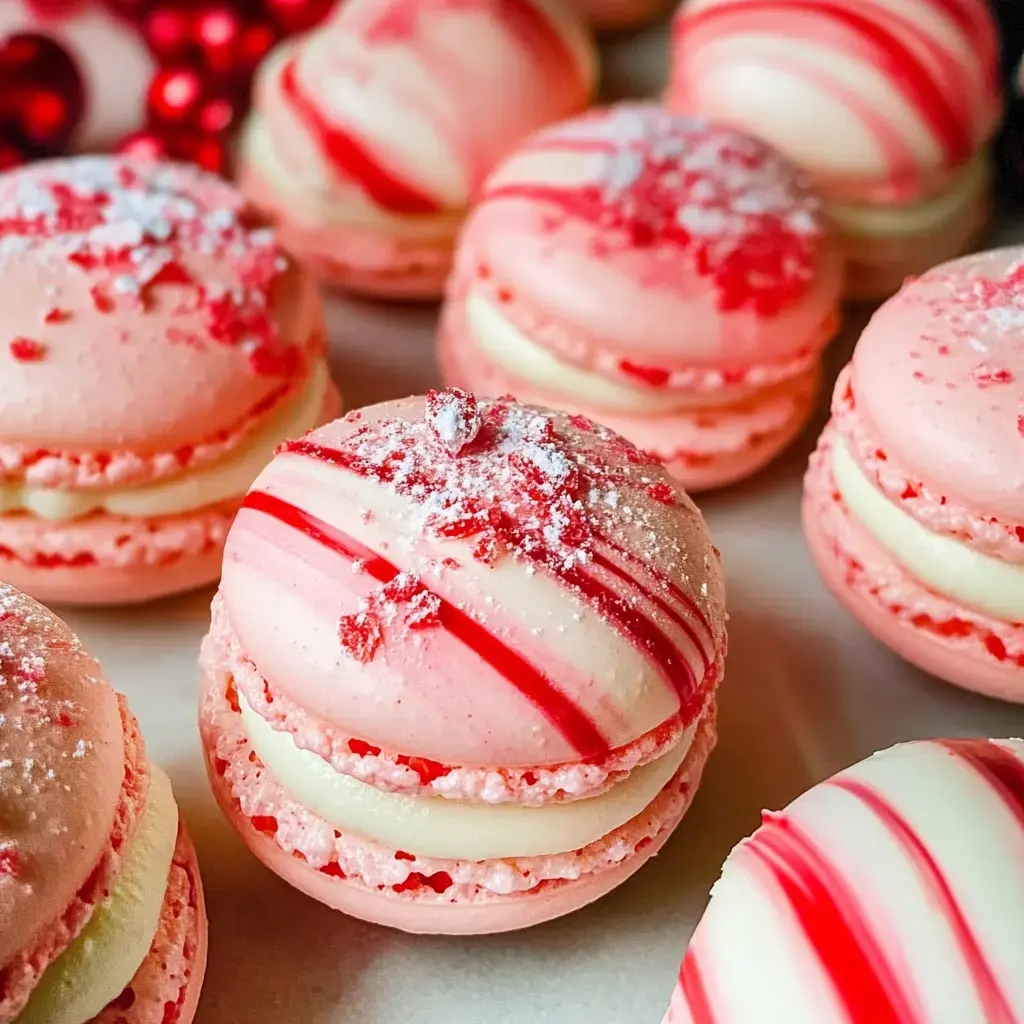 A close-up of pink and white striped macarons topped with red sprinkles and powdered sugar.