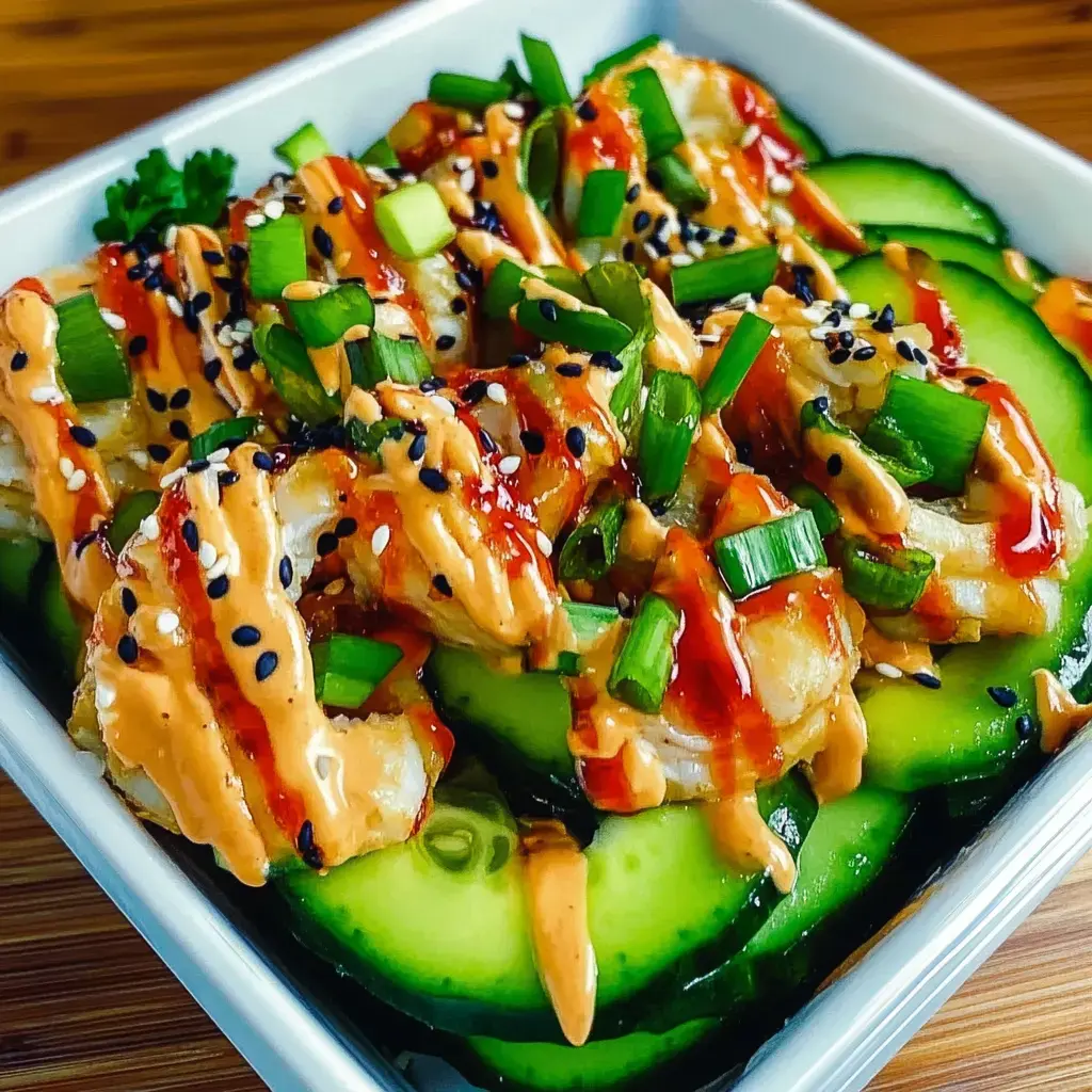 A bowl of sliced cucumbers topped with shrimp, drizzled with spicy sauce and garnished with green onions and sesame seeds.