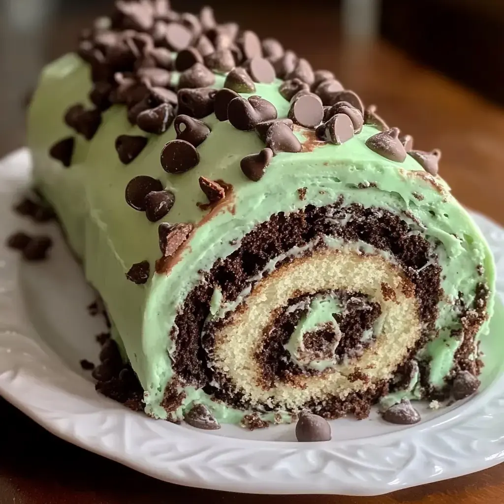 A chocolate and mint roll cake adorned with chocolate chips on top, displayed on a white plate.