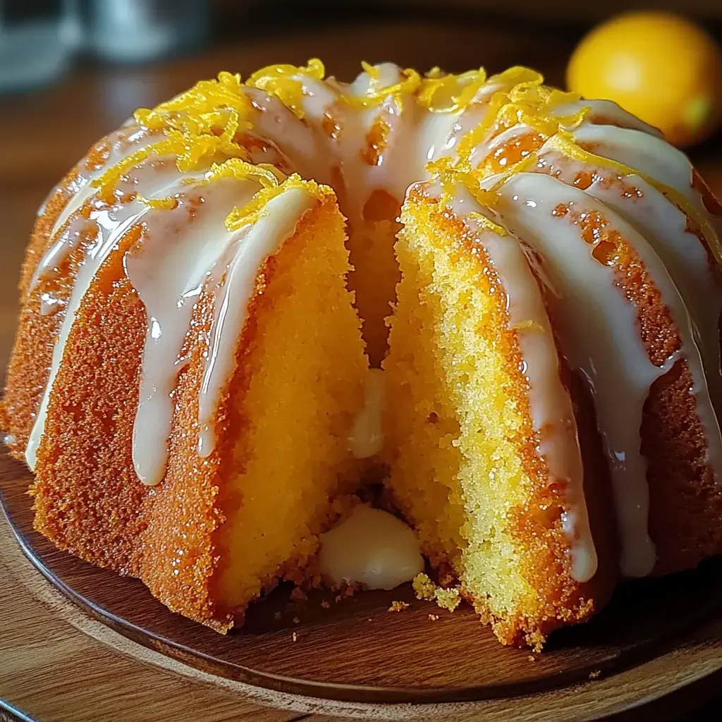 A beautifully frosted lemon bundt cake with a slice removed, revealing its moist interior.