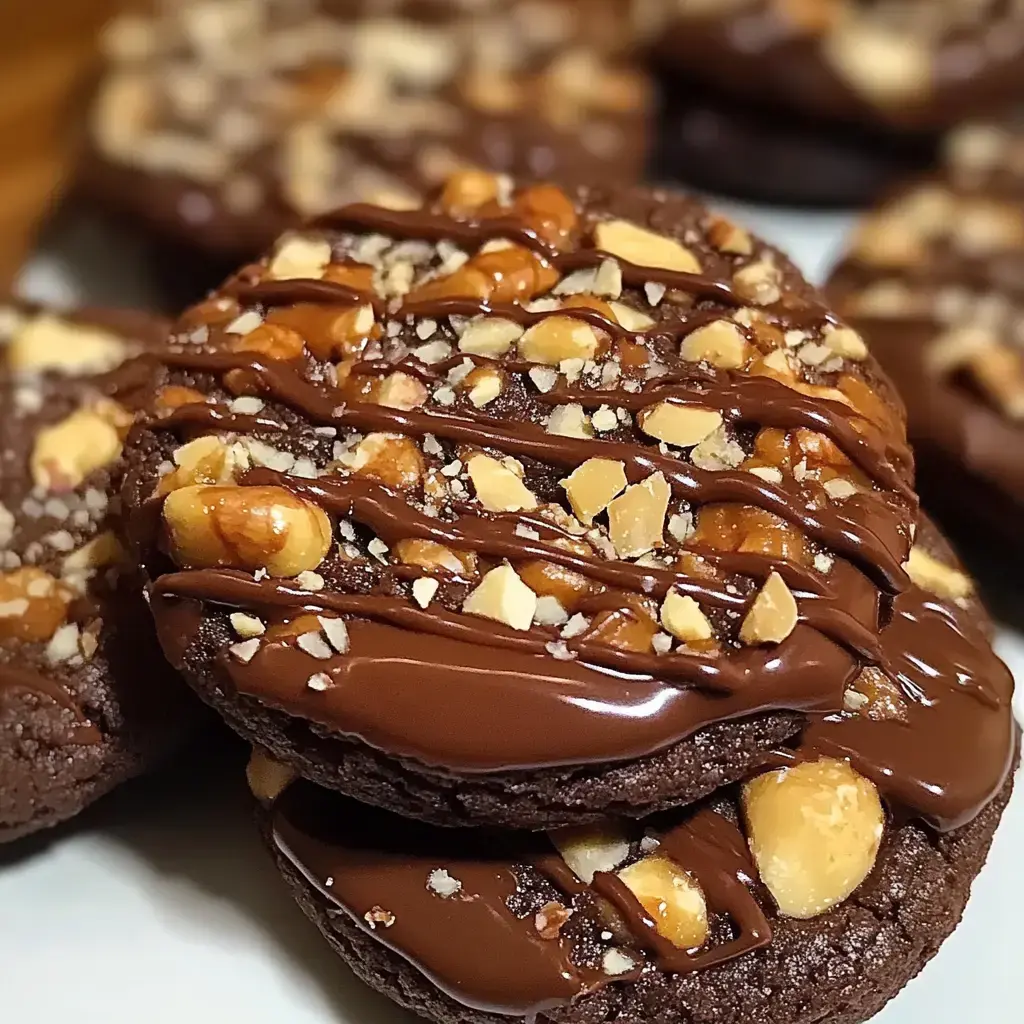 A close-up of chocolate cookies topped with chopped nuts and drizzled with chocolate.