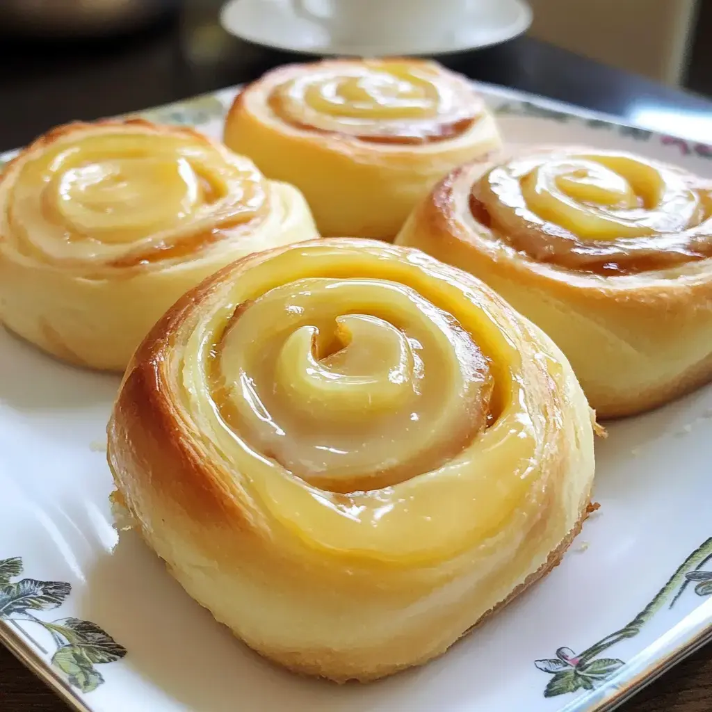 A plate of four freshly baked, glossy lemon swirl rolls with a golden-brown edge.