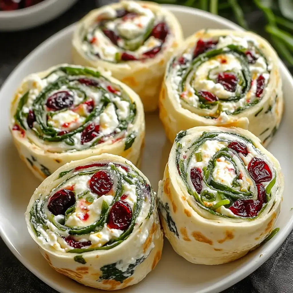 A plate of sliced spiral rolls filled with cream cheese, spinach, and dried cranberries is displayed.