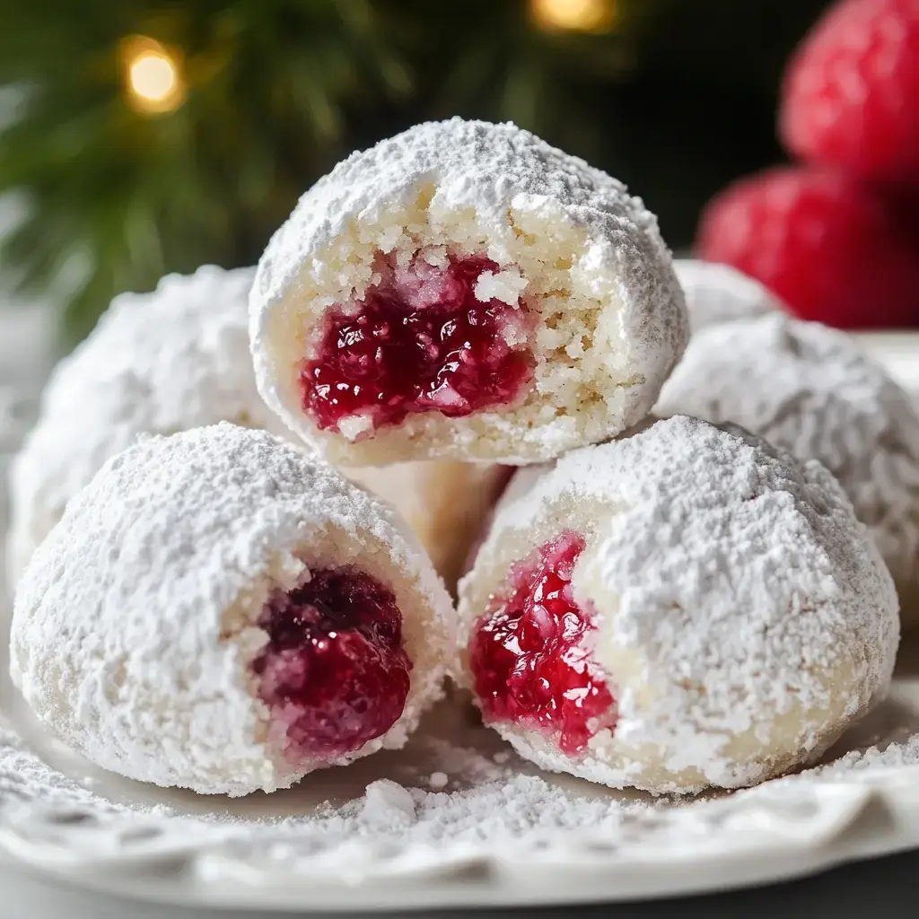 A plate of powdered sugar-covered pastries with a raspberry filling, some cut in half to reveal the vibrant red interior.