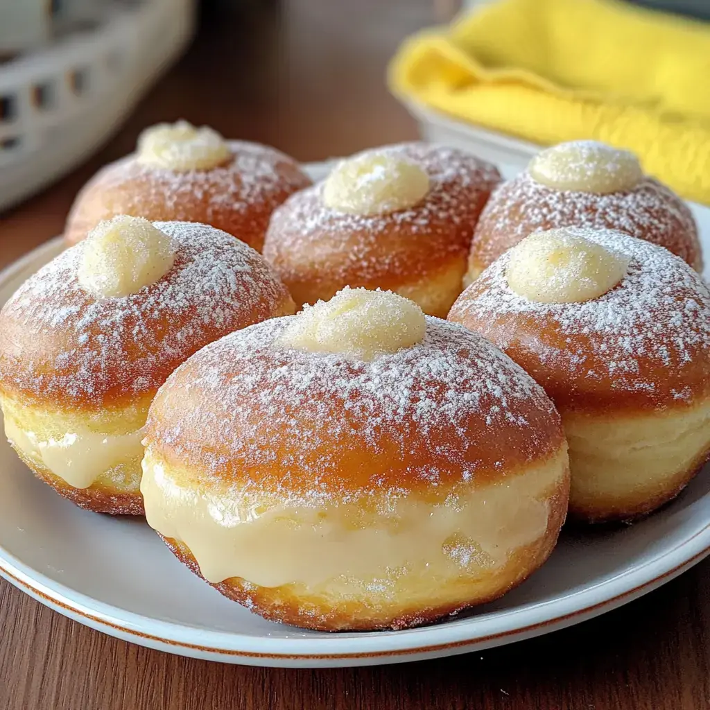 A plate of plush donuts filled with cream and topped with powdered sugar and a dollop of frosting.