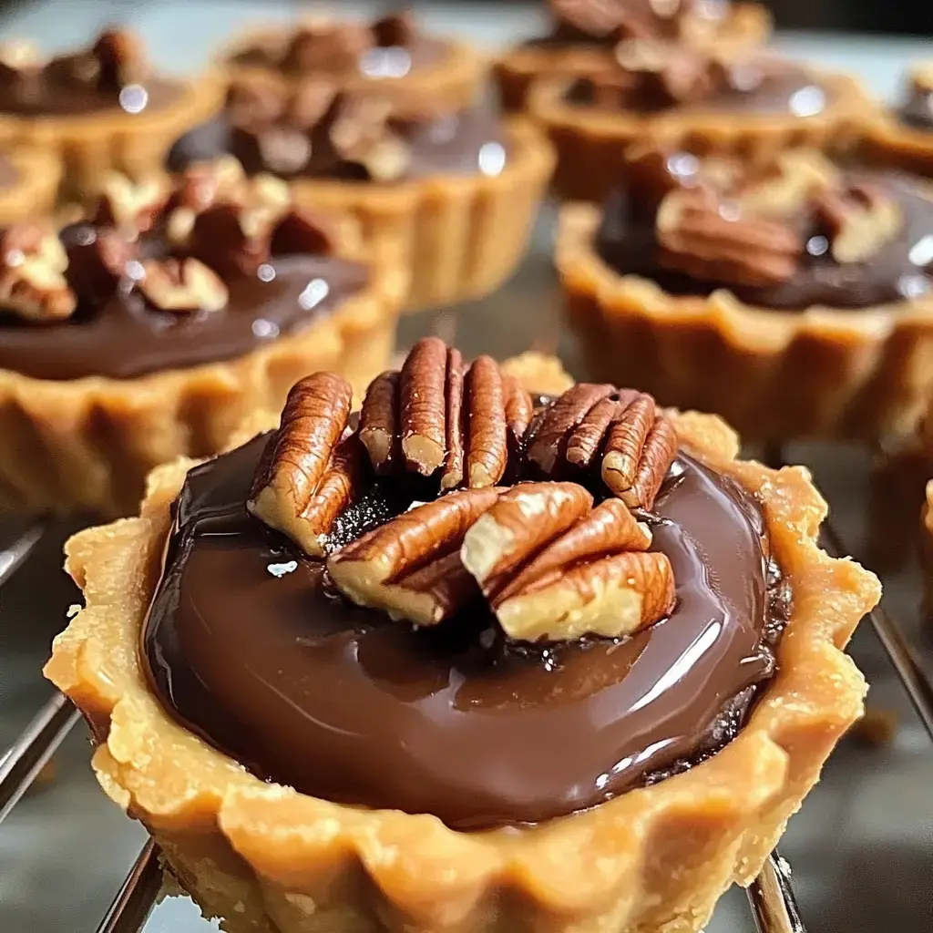 A close-up of individual chocolate tartlets topped with pecans.