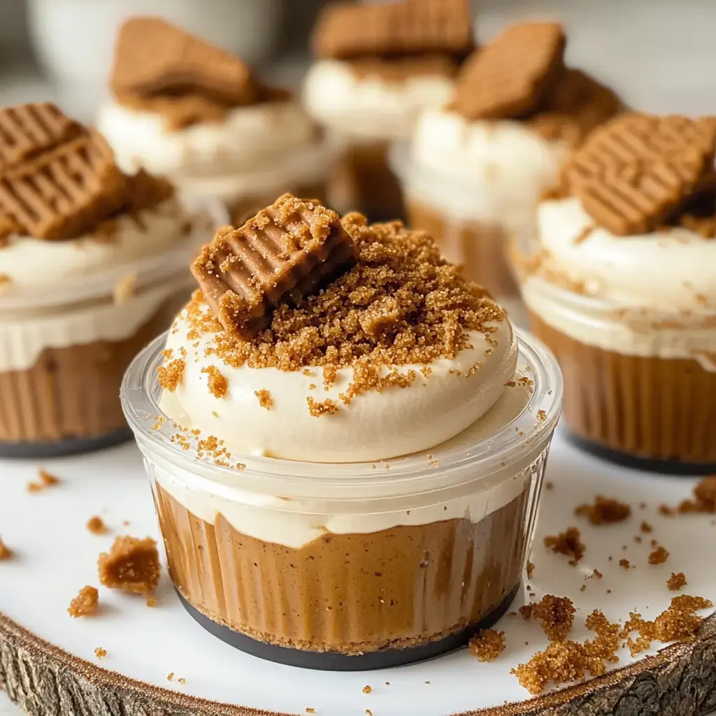 A close-up of layered dessert cups featuring a smooth caramel and cream filling, topped with crumbled cookies and a whole cookie on each.