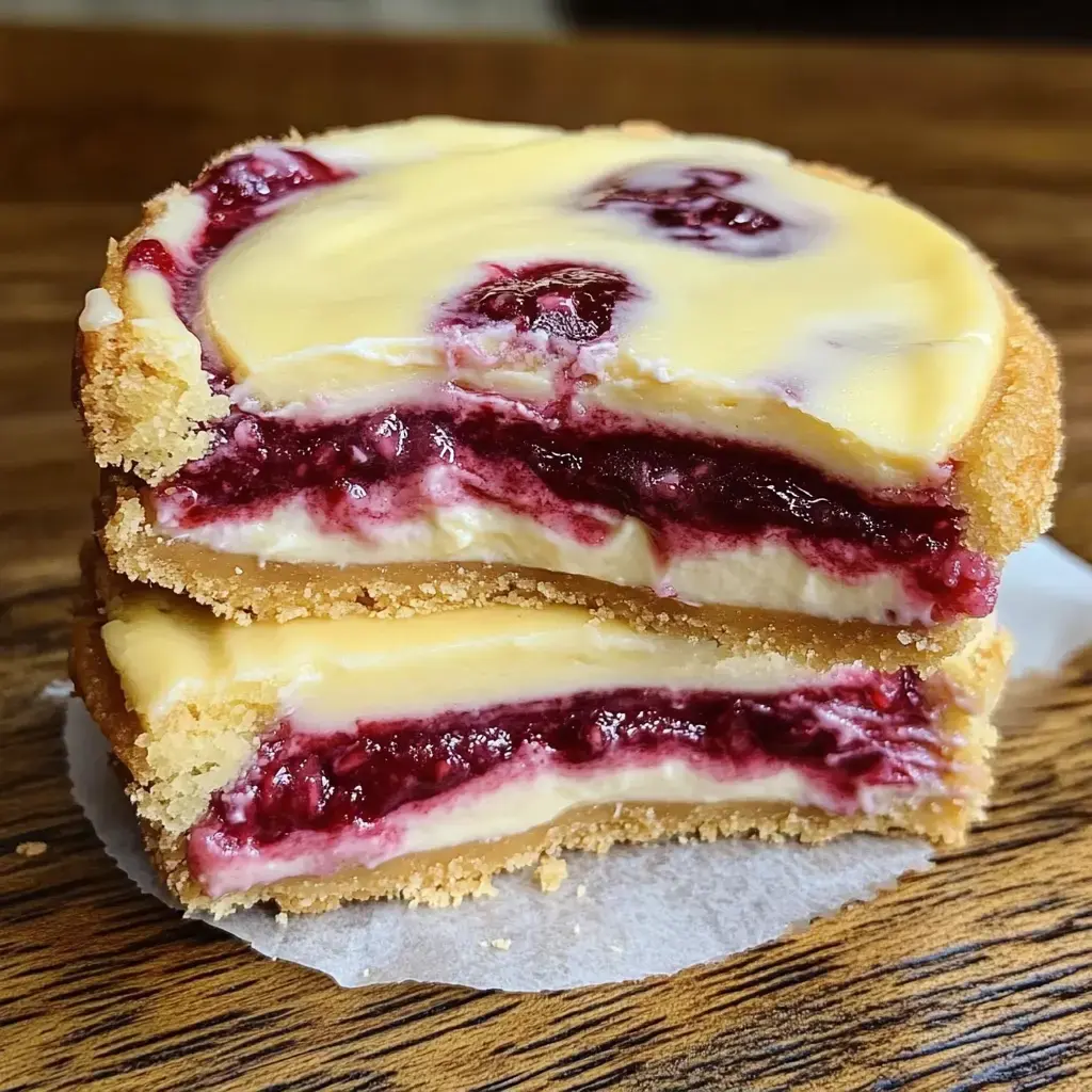 A cross-section of a layered dessert featuring a creamy cheesecake layer topped with raspberry filling between two cookie crust layers.