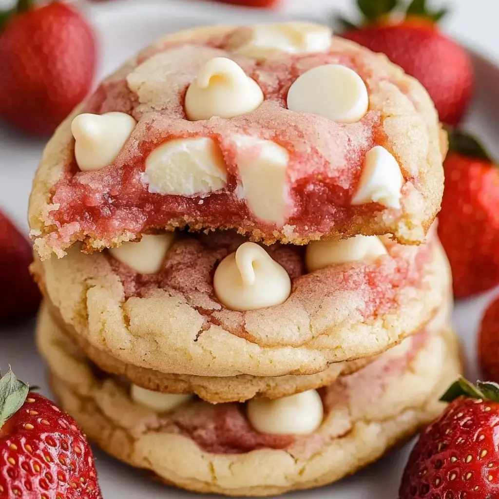 A close-up image of stacked strawberry cookies with white chocolate chips, one cookie partially bitten to reveal a gooey red center, surrounded by fresh strawberries.