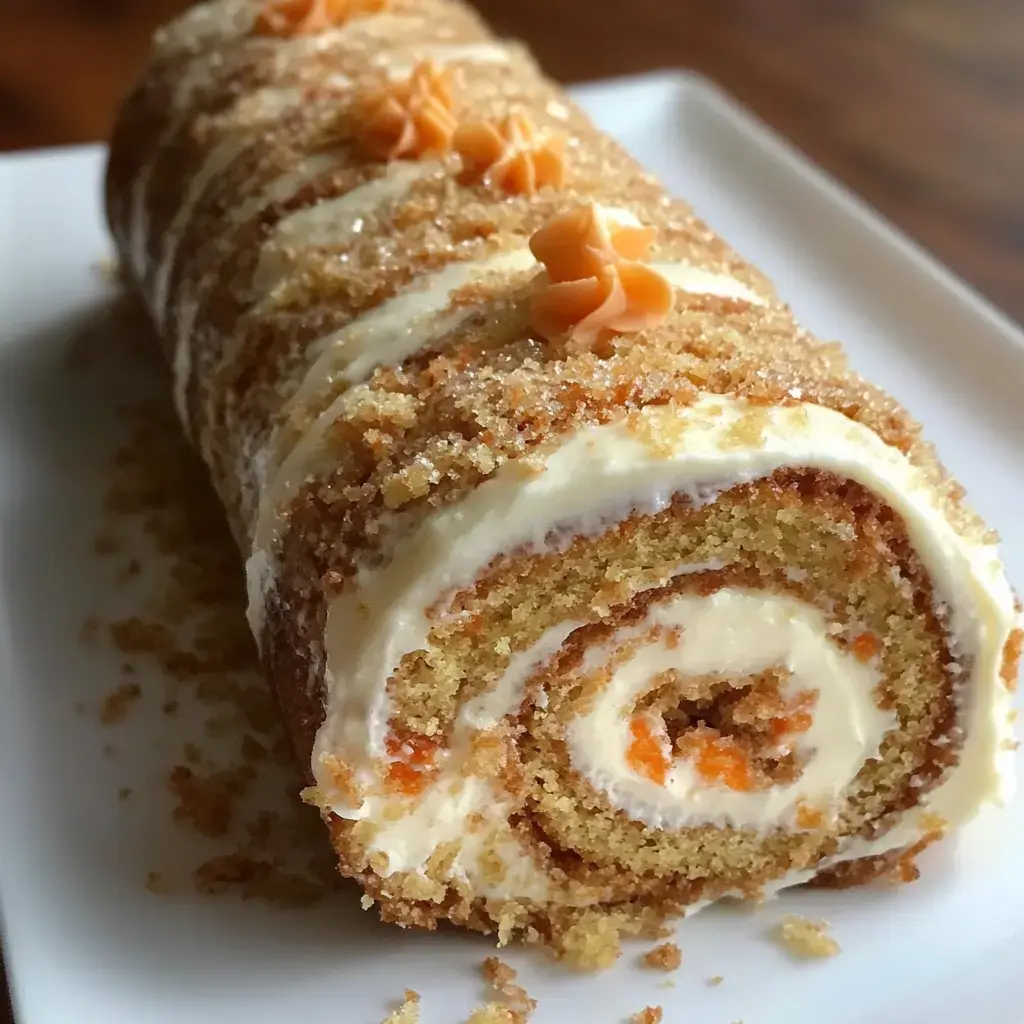 A close-up of a rolled cake covered in icing and sprinkled with sugar, featuring small decorative orange swirls on top.