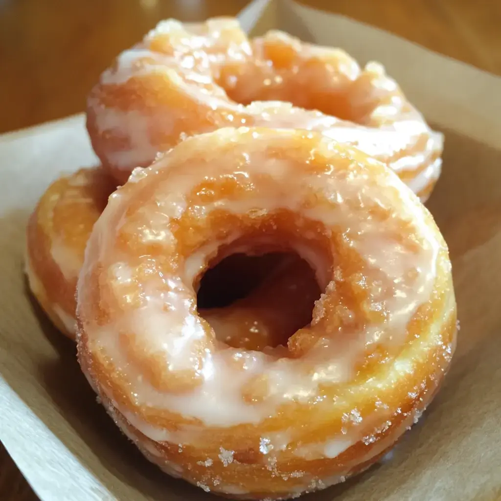 Three glazed donuts stacked on a paper tray.