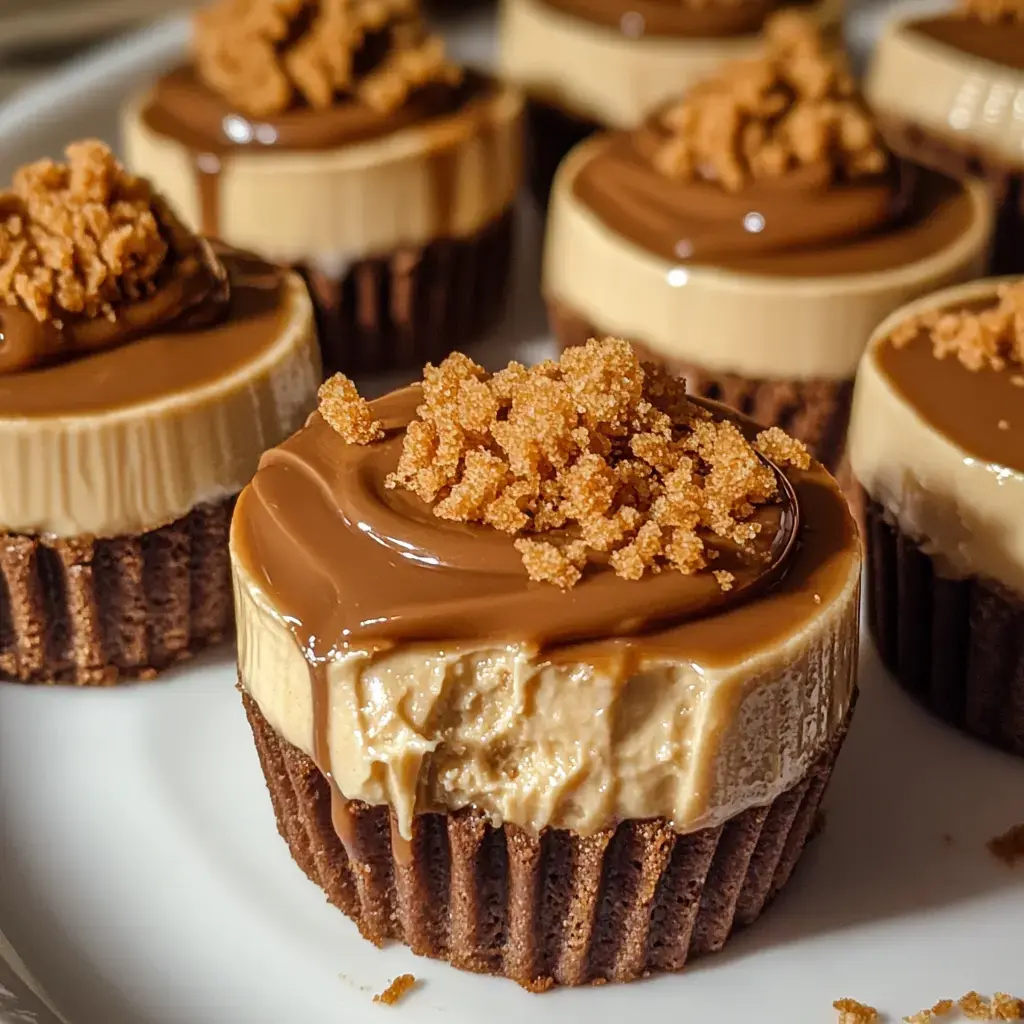 A close-up of chocolate cups topped with creamy caramel and sprinkled with brown sugar crumbs.