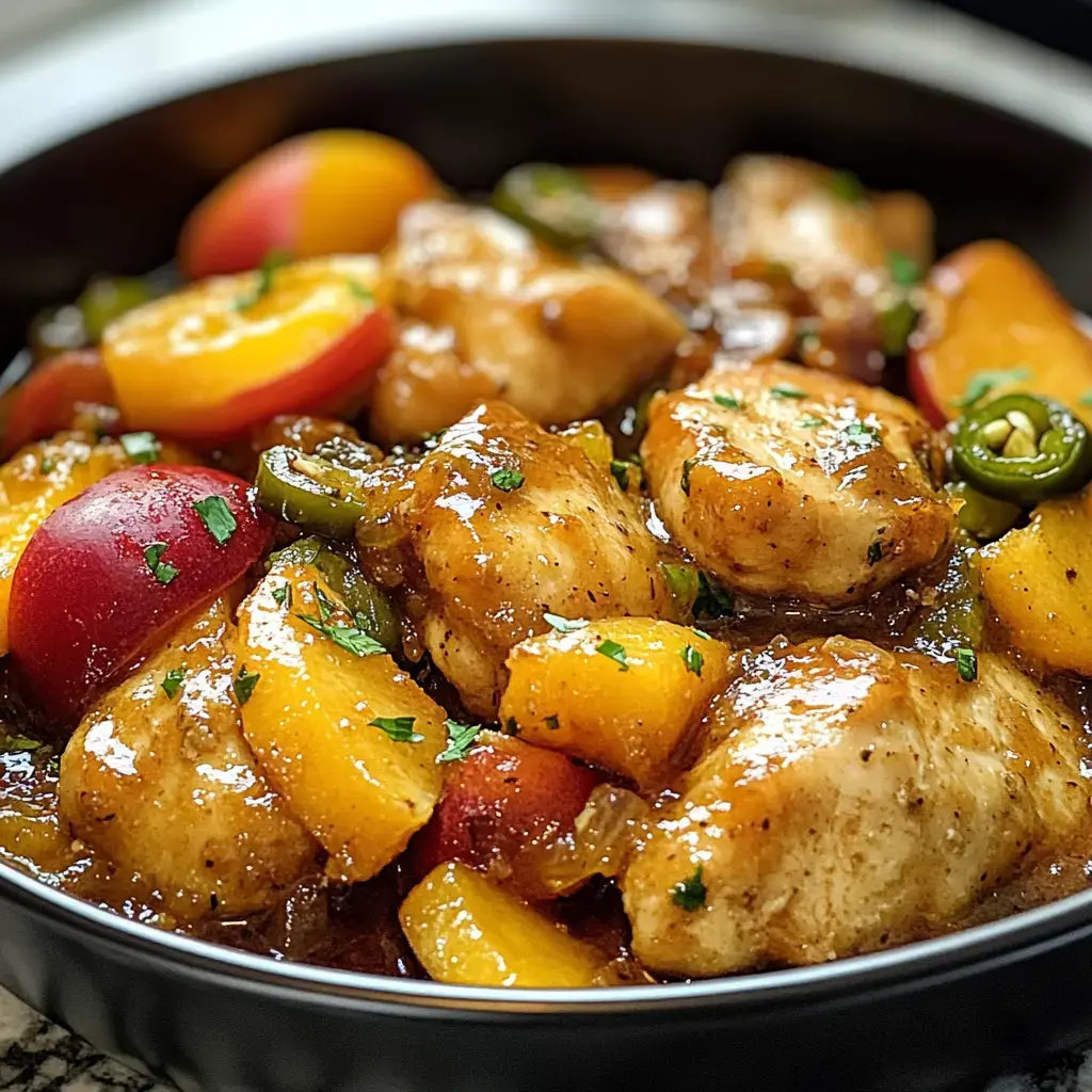 A close-up view of a flavorful dish featuring tender chicken pieces mixed with colorful bell peppers and juicy peaches, all coated in a rich sauce and garnished with fresh herbs.