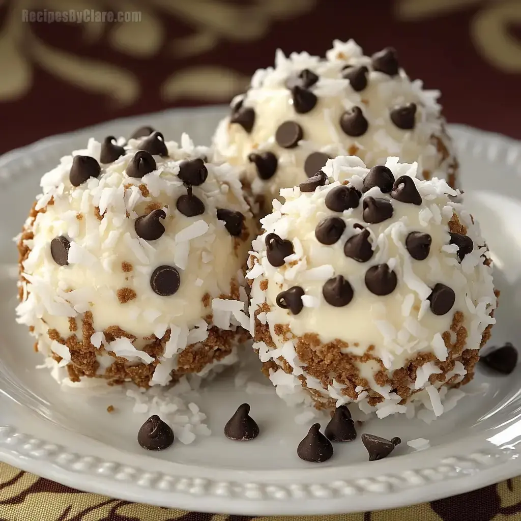 Three round dessert truffles coated with coconut and chocolate chips are arranged on a decorative white plate.