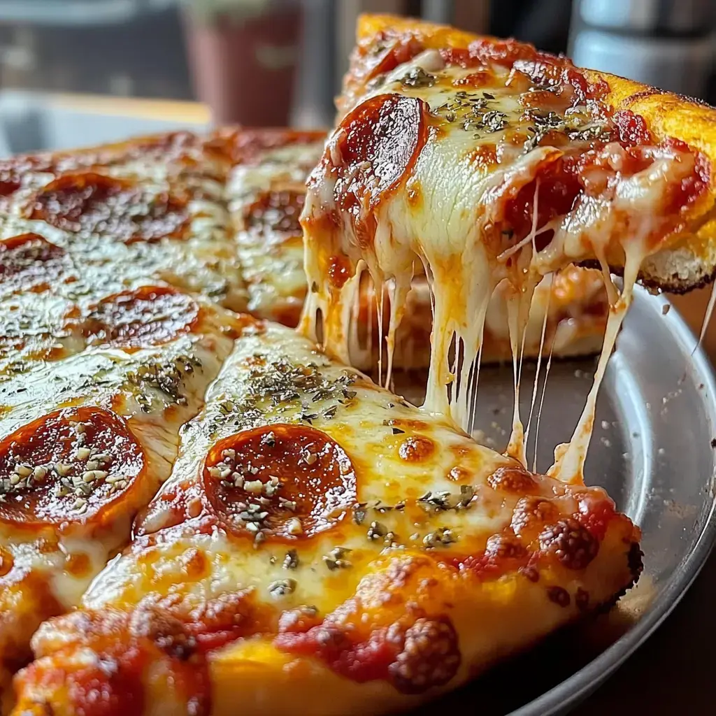 A close-up of a pepperoni pizza with melted cheese and herbs, showcasing a slice being lifted with stretchy cheese.