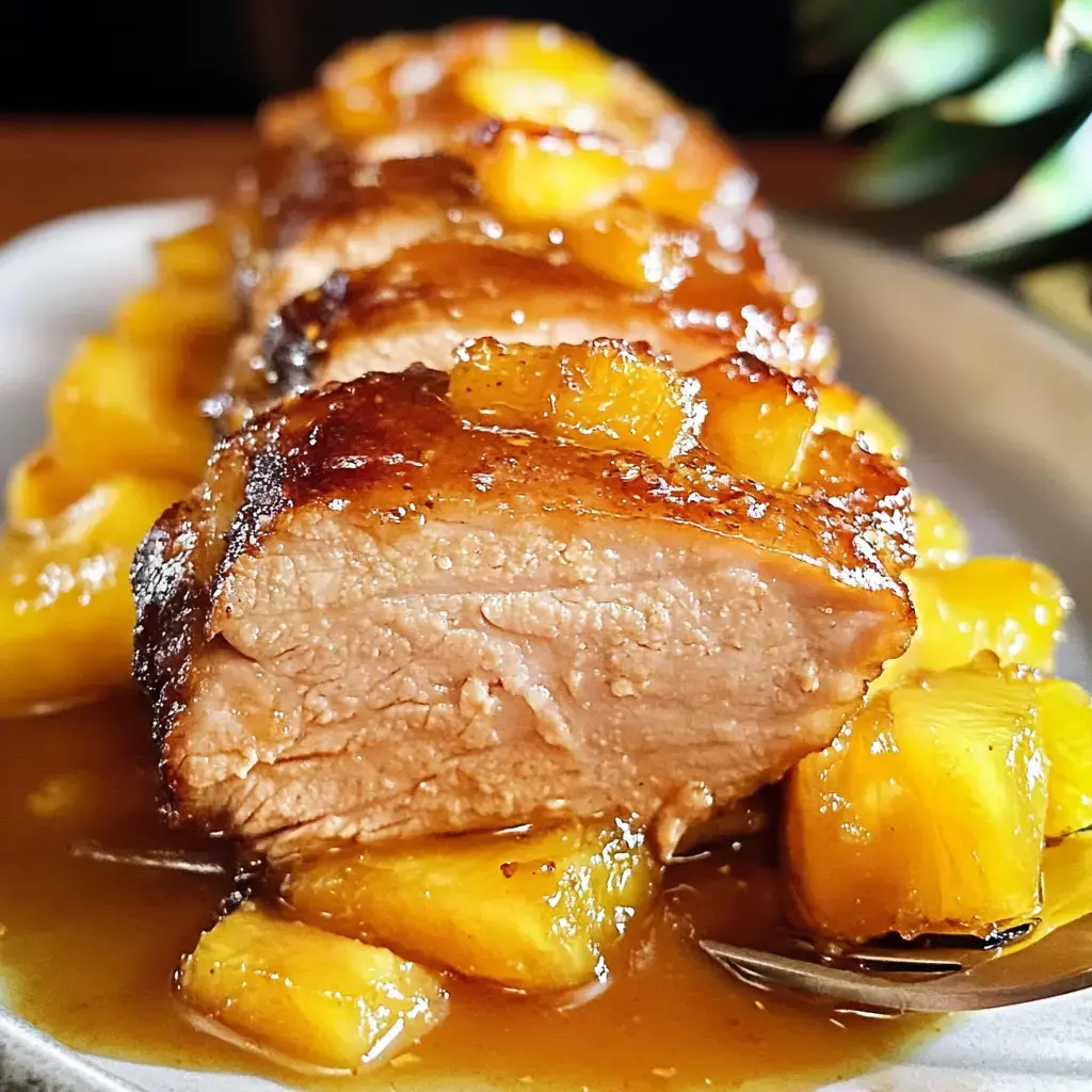 A close-up of a succulent glazed pork dish served with caramelized pineapple chunks on a plate.