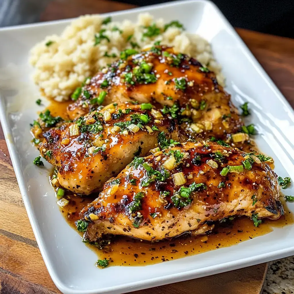 A platter of glazed chicken breasts topped with green onions and parsley, served alongside a portion of fluffy rice.