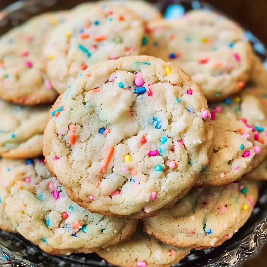 A close-up of a pile of colorful, sprinkle-topped cookies on a decorative plate.