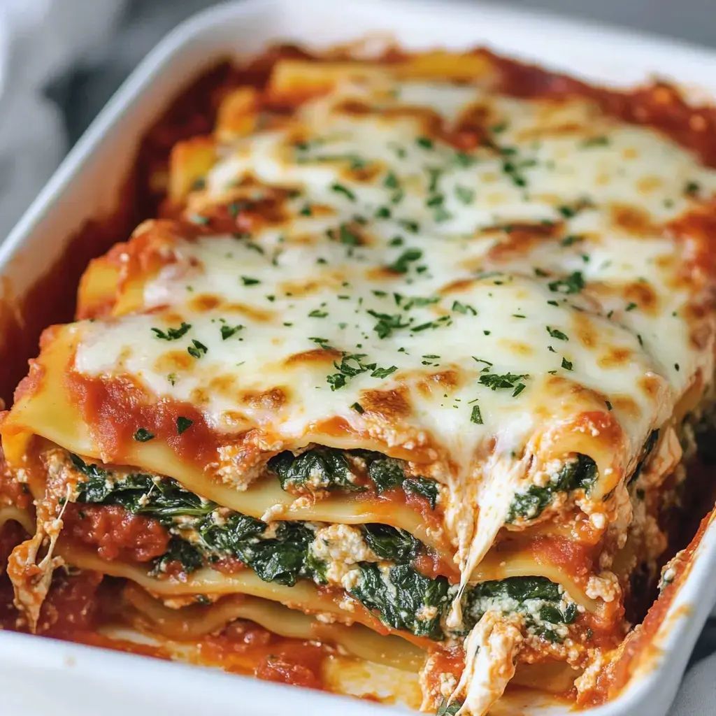 A deliciously baked lasagna layered with spinach, ricotta, and topped with melted cheese and parsley.