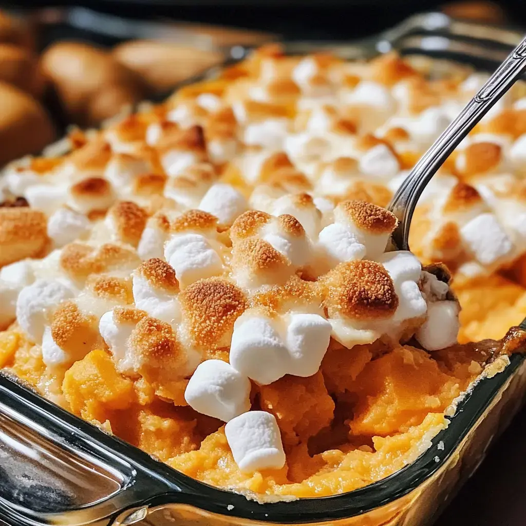 A close-up of a baked sweet potato dish topped with toasted marshmallows, with a spoon resting on the edge of the glass dish.