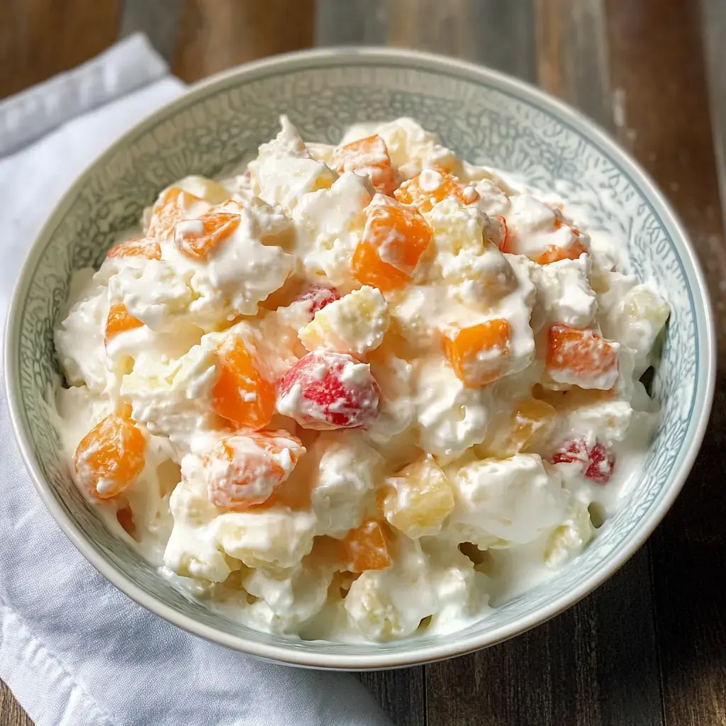 A bowl of fruit salad featuring a mix of diced fruits topped with a creamy dressing.