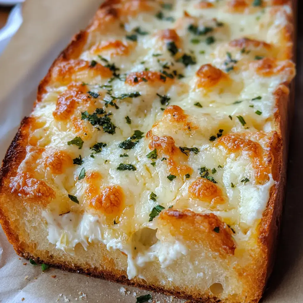 A toasted rectangular piece of bread topped with melted cheese and sprinkled with herbs.