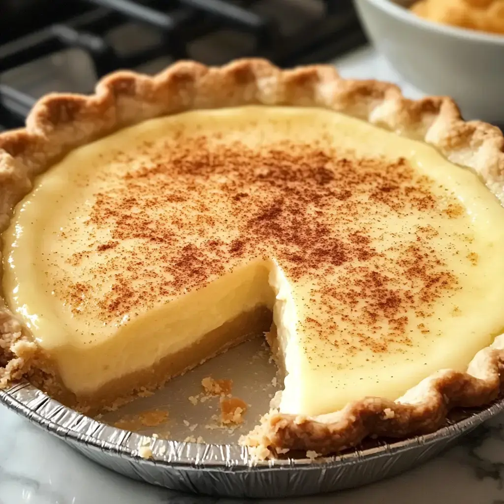 A freshly baked pie with a creamy filling and a slice removed, showcasing a golden crust and a dusting of cinnamon on top.