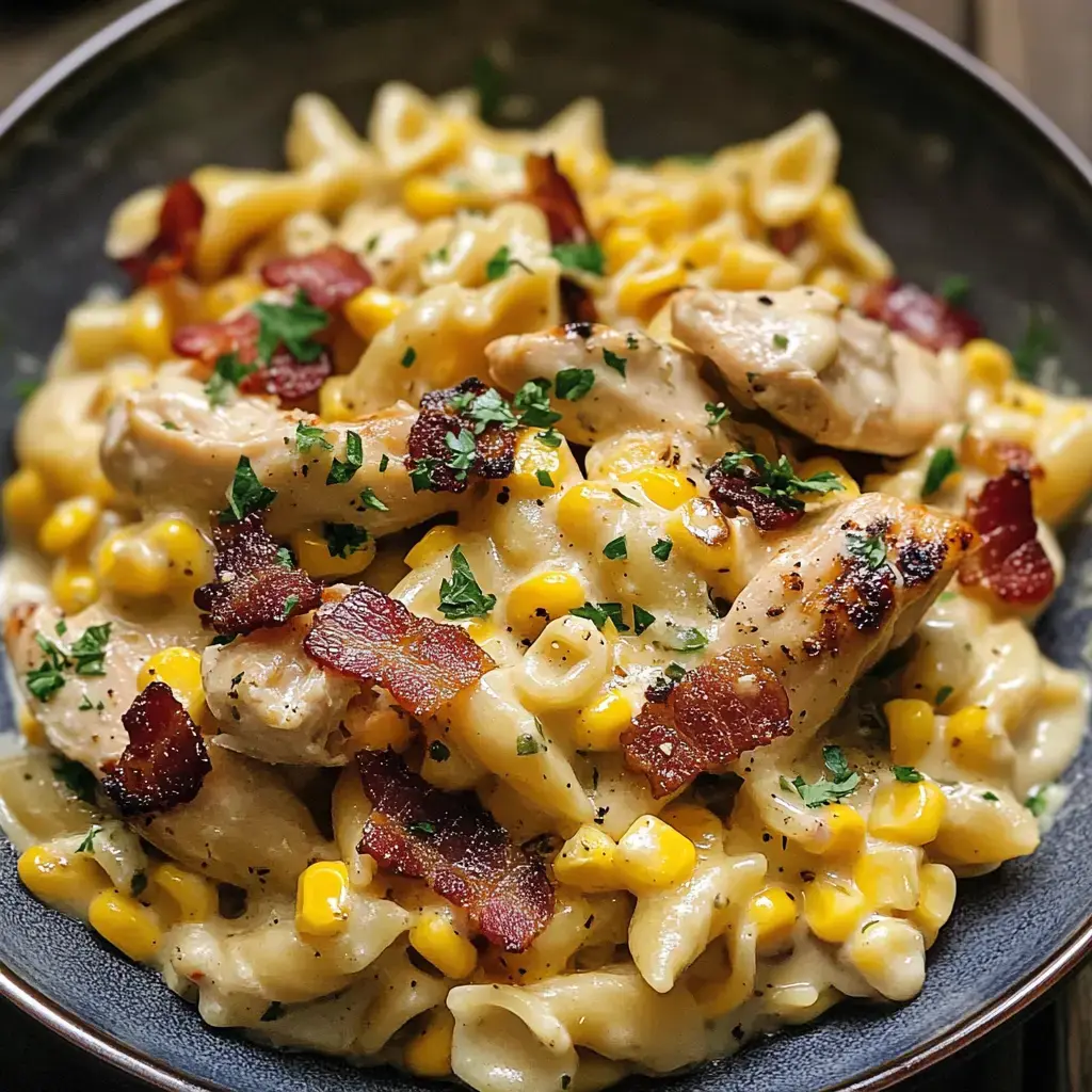 A close-up image of creamy pasta with corn, grilled chicken pieces, and crispy bacon, garnished with parsley, served in a dark bowl.