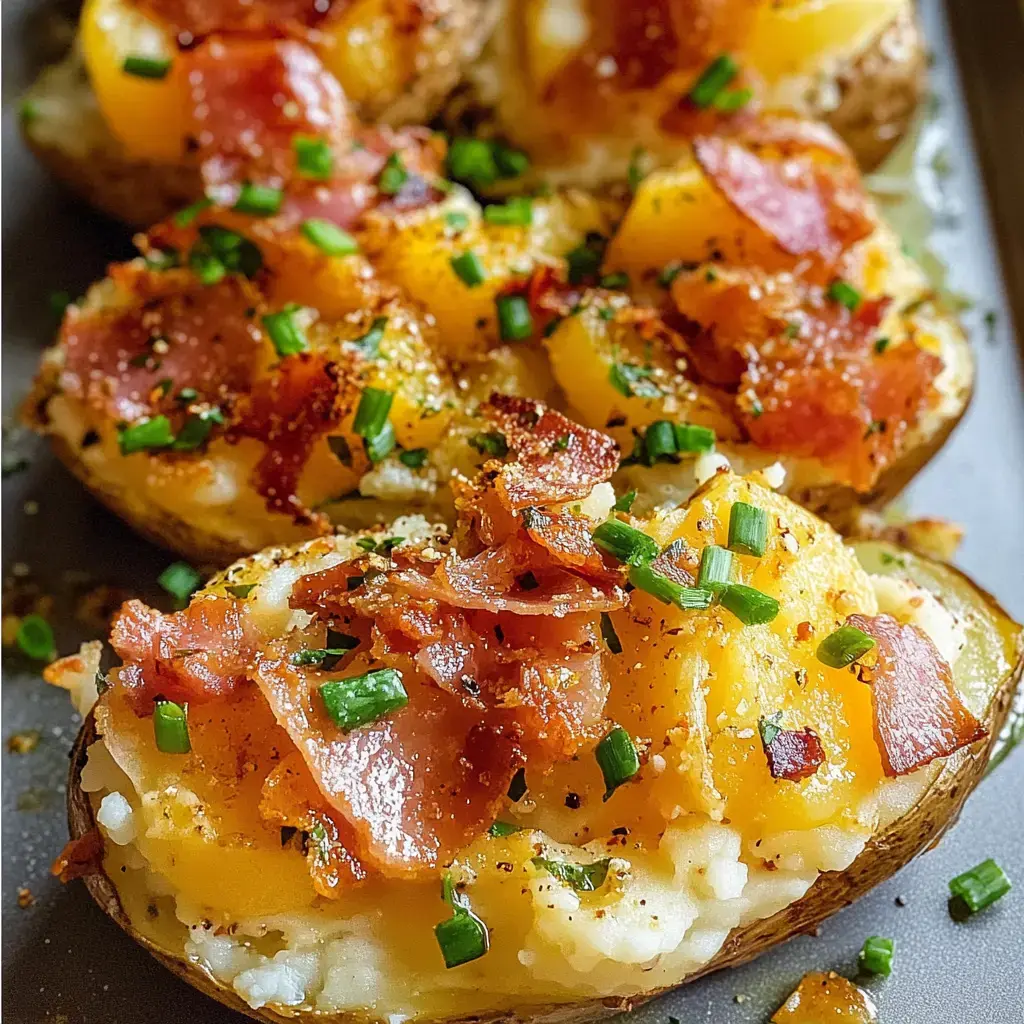 Baked potato halves are topped with crispy bacon, cheese, and chopped chives, arranged on a gray surface.