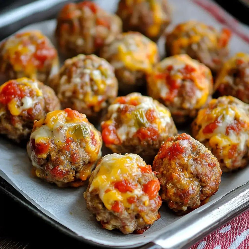 A tray of delicious meatballs topped with melted cheese and salsa.