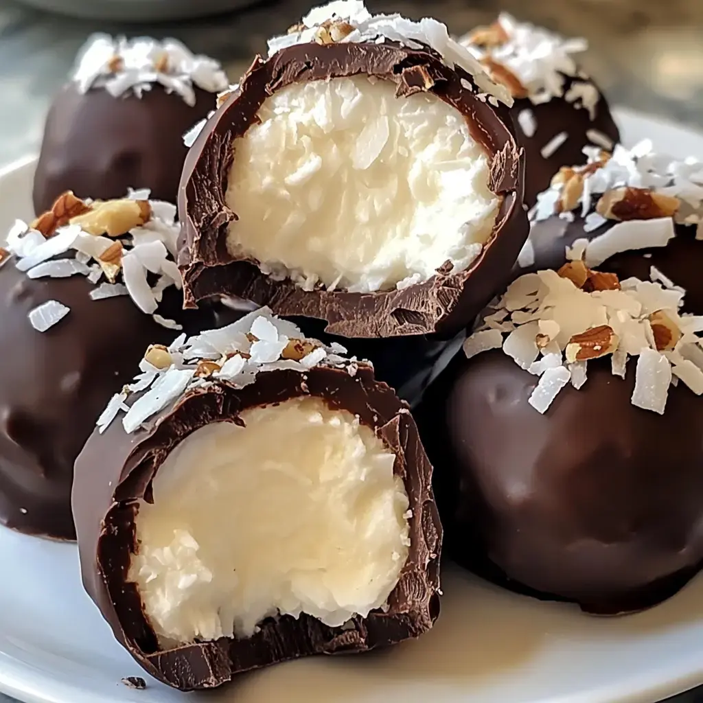 A close-up of chocolate-covered coconut truffles, one cut in half to reveal a creamy white filling, topped with coconut flakes and chopped nuts.