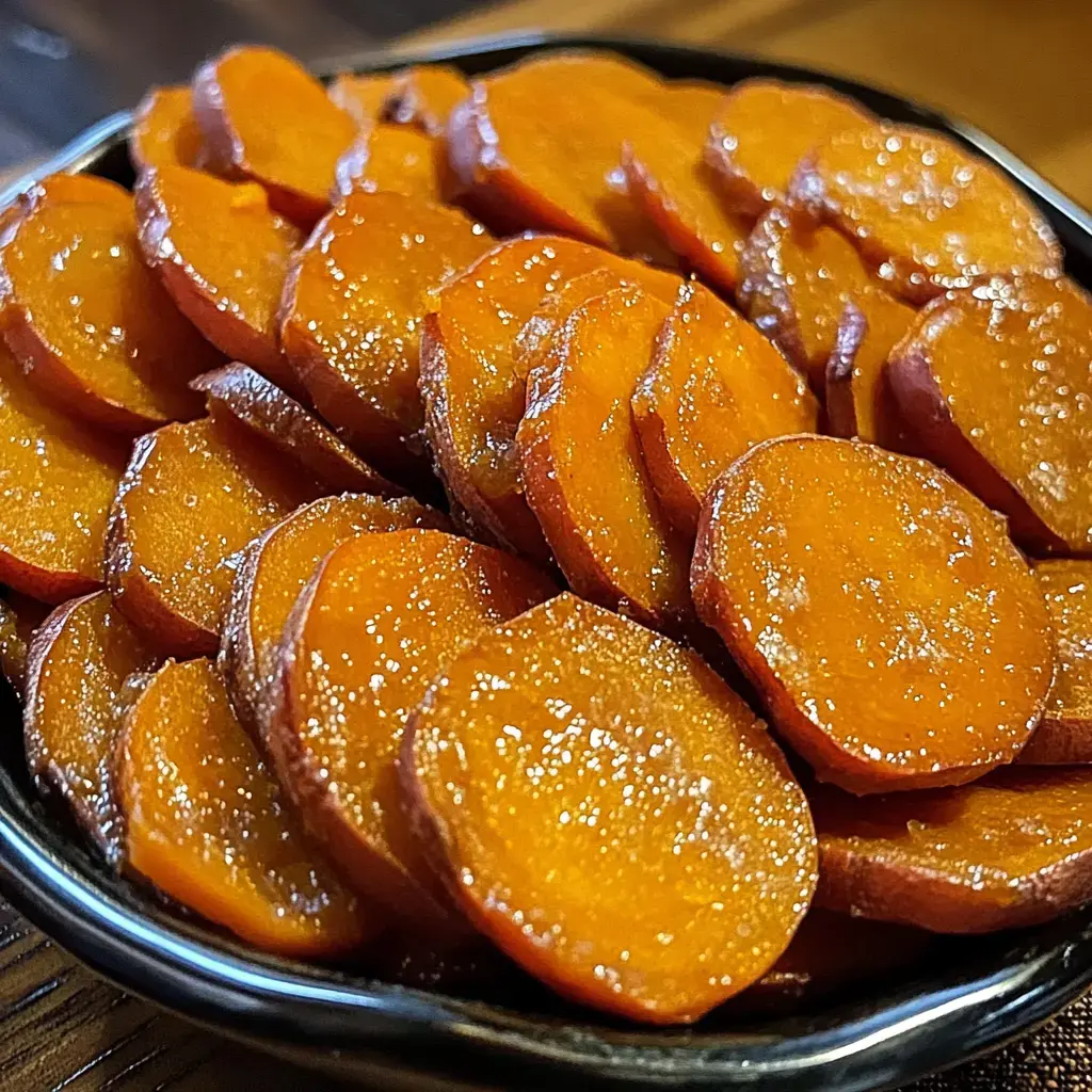 A close-up of a black plate filled with shiny, sliced sweet potatoes arranged neatly.